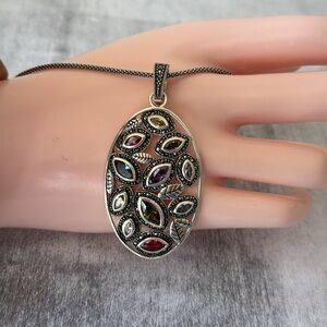 Kanishka Sterling Silver 925 Marcasite Leaves Necklace W Multi Stones Pendant
